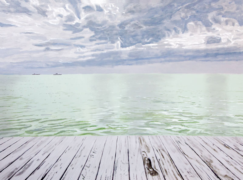 Painting of a wooden pier with luminous sea and sky, by Rick Matear