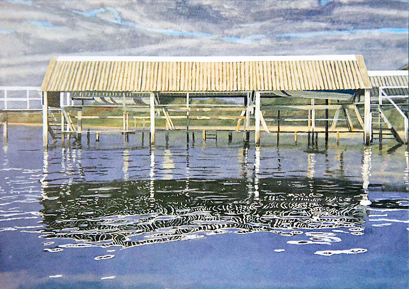 Painting of a covered jetty with stripy reflections in the water, by Rick Matear
