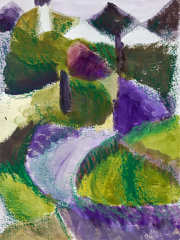 Su Fishpool, Exploring Mixed Media Class, Student Artwork. Abstract landscape in greens and purples.