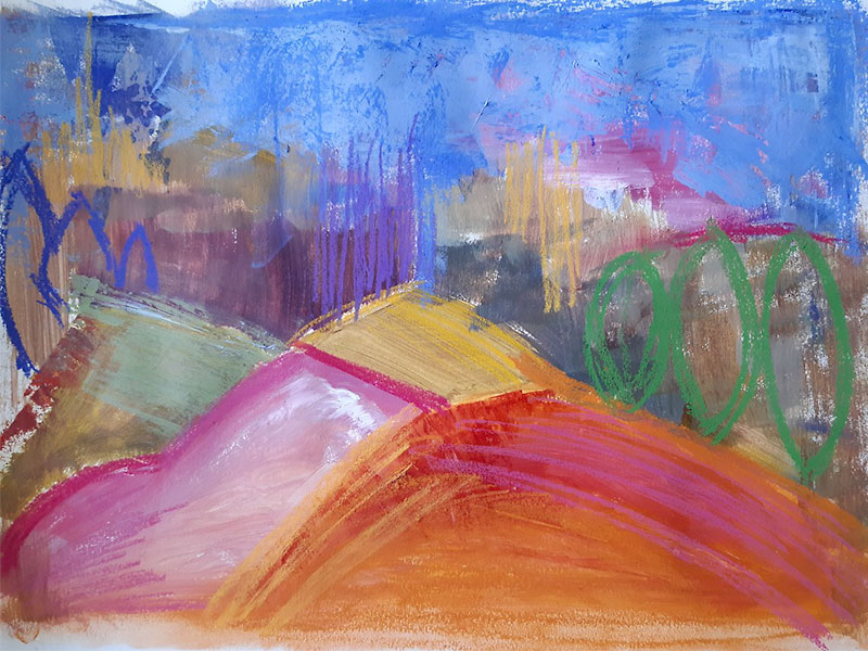 Su Fishpool, Exploring Mixed Media Class, Student Artwork. Abstract landscape in bright colours.