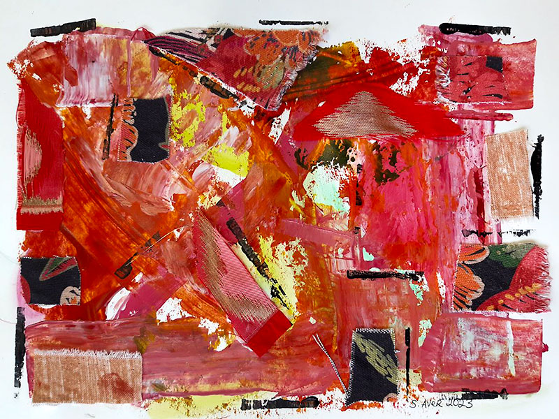 Su Fishpool, Exploring Mixed Media Class, Student Artwork by S. Aver. Abstract in reds, blacks, yellows.