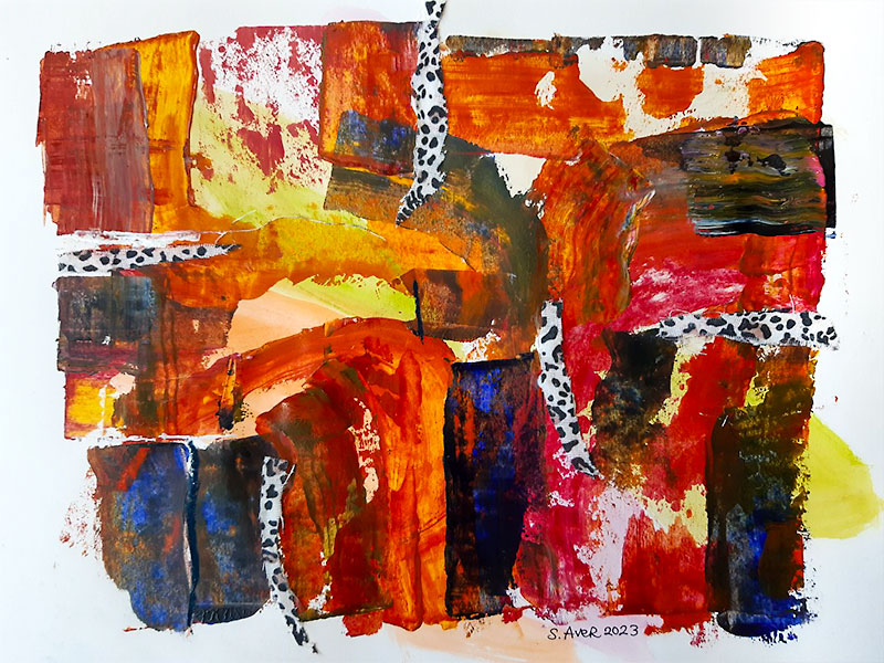 Su Fishpool, Exploring Mixed Media Class, Student Artwork by S. Aver. Abstract with bright patches of colour.