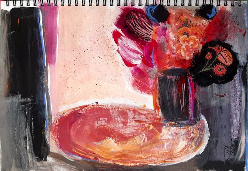 Su Fishpool, Exploring Mixed Media Class, Student Artwork. Abstract still life of flowers in a vase in reds, pinks, black and greys.