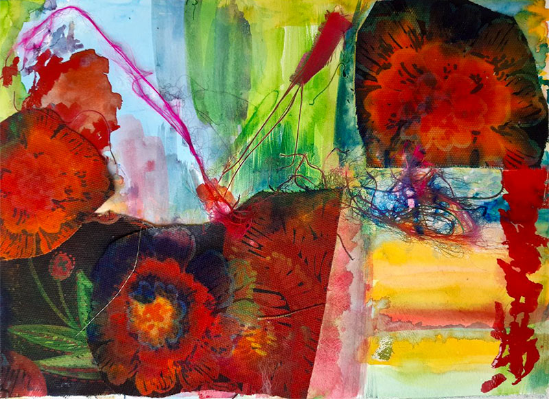 Su Fishpool, Exploring Mixed Media Class, Student Artwork. Brightly coloured abstract with red flowers.