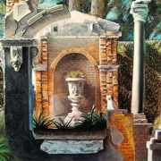 Beleura Folly by Rob Meredith - Pastel painting of a partly ruined brick garden folly with columns and an urn in the centre.