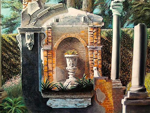 Beleura Folly by Rob Meredith - Pastel painting of a partly ruined brick garden folly with columns and an urn in the centre.