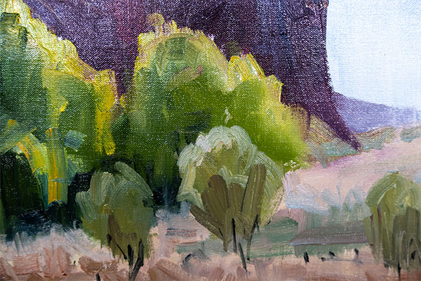 Oil painting of a landscape with rocky hill in background and sunlit trees in foreground, by Ben Winspear - detail