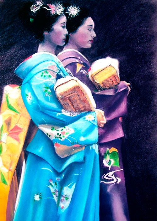 Japanese Ladies - Pastel Painting by Rob Meredith. Two Japanese women in brightly coloured traditional dress.