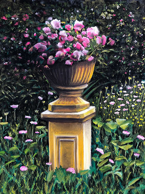 Tranquility by Rob Meredith. - Pastel painting of an urn filled with bright pink and mauve flowers, standing on a pedestal in a garden setting.