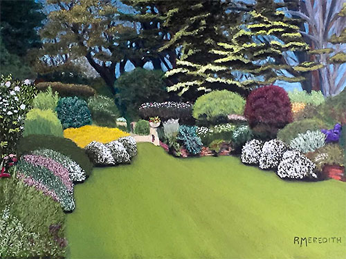 Welcome To My Garden by Rob Meredith. - Pastel painting of a formally laid out flower-filled garden with green lawn in foreground.