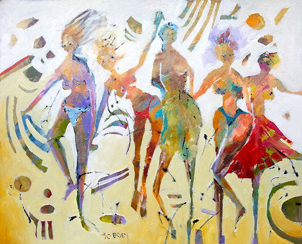 Acrylic painting by Susan O'Brien with loose expressive colourful figures dancing across the canvas.