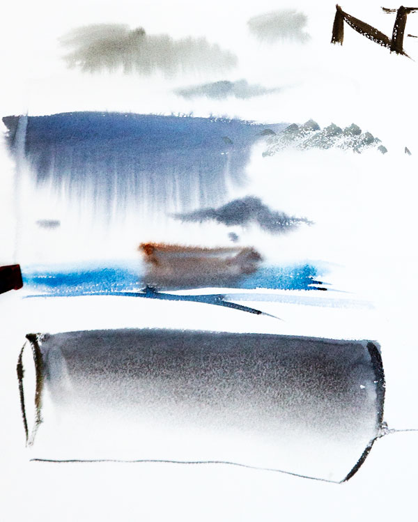 Rough sketches of a cloudy rainy sky and a tube, both formed using a similar wet-in-wet wash technique.