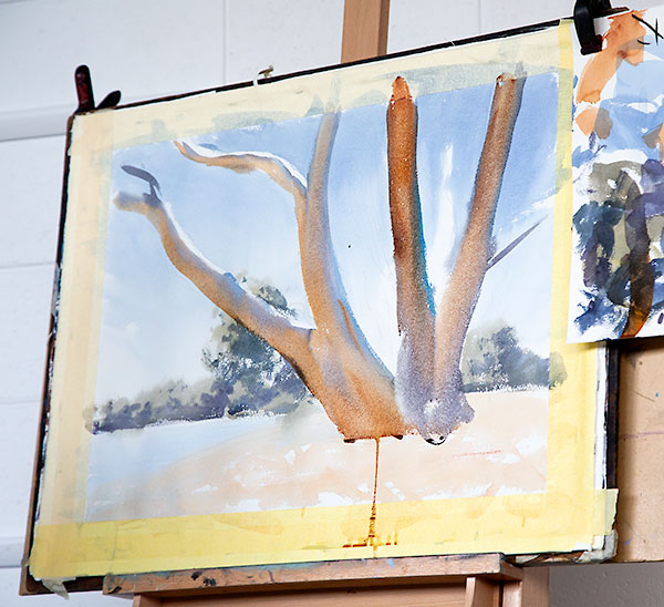 Watercolour landscape scene with large multi-trunk gum tree in foreground. Creating the main limbs in the form of tubes.