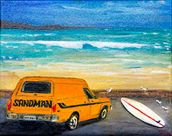 Veronica Cunningham - The End of the Day - Acrylic. Orange Sandman panel van parked on beachfront with white surfboard beside it.