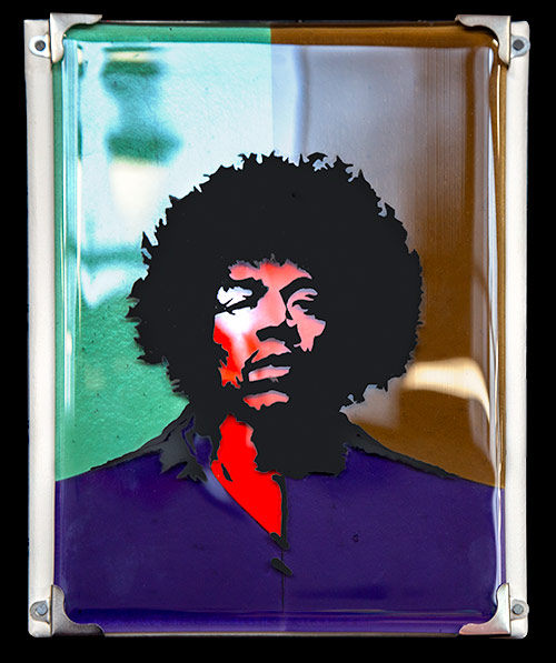 Members' Choice 2nd Prize - Lis DeDeugd - Experience - Glass & Stained Glass Paint head and shoulder portrait of Jimi Hendrix.