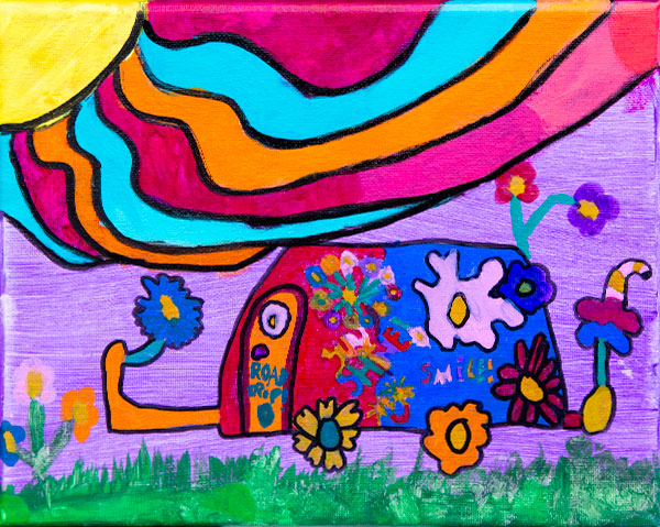 Ava 70s Artwork - brightly coloured child's painting of a caravan covered in flower designs with a rainbow sun above.