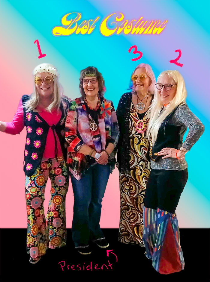 Winners, Members' Choice Best 70s Costume. Four women dressed in 70s hippy clothes with a 1, 2, 3 over their heads.