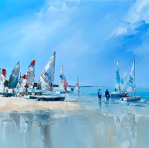 Craig Penny - painting of yachts with sails set pulled up on a beach, title Before the Race