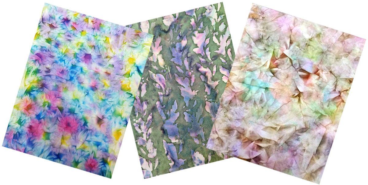 Colourful fabric painting samples with semi-abstract floral themes.