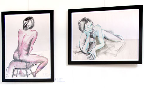 Glenda Pitt Foyer Life Drawing Exhibition - 2 female nude drawings in black frames