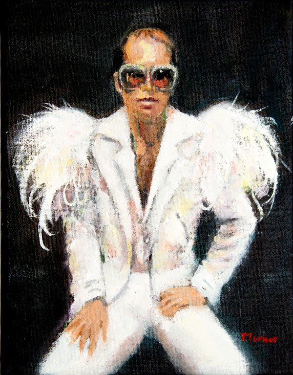 Liz Turner - Elton - Oil on Canvas. Portrait of Elton John in white suit.