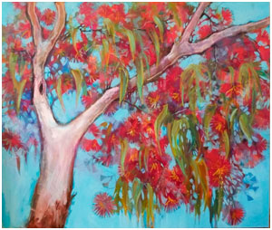 Painting of a flowering gum tree with bright orange-red flowers by Nic Kirkman