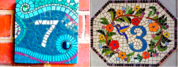 Sally Burns - mosaic house numbers with brightly coloured decoration