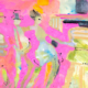 Demo painting of semi-abstract figures against a bright pink background by Susan O'Brien