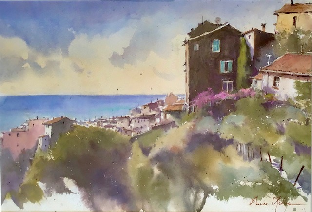 Annee Kelly - Hilltop Village, South of France - Watercolour painting of a picturesque town perched on a coastal cliff. Selected for inclusion in the Fabriano International Exhibition, Italy & Texas, 2024