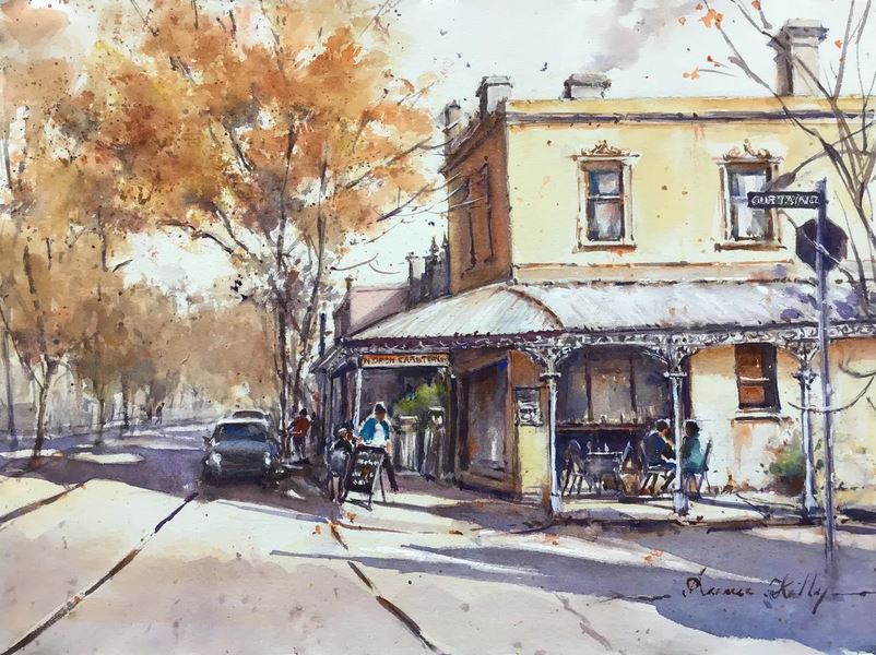 Annee Kelly - Autumn Afternoon in Carlton - Watercolour painting of an street corner cafe with ornate verandah surrounded by autumn trees.