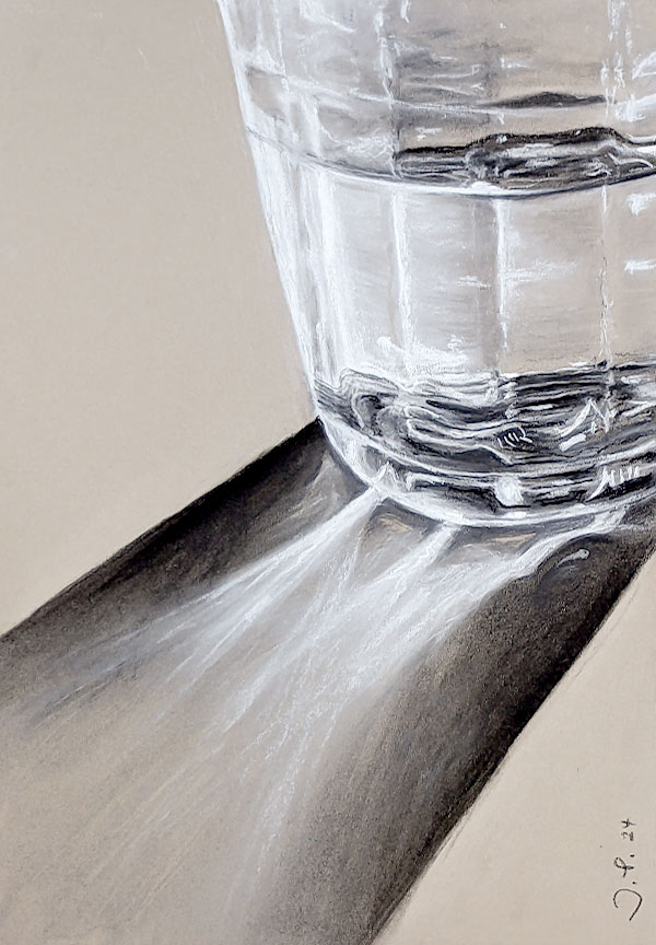 Bistro Lunch by Jan Prislin-Planinc - finished demo drawing of a backlit glass of water - charcoal on toned