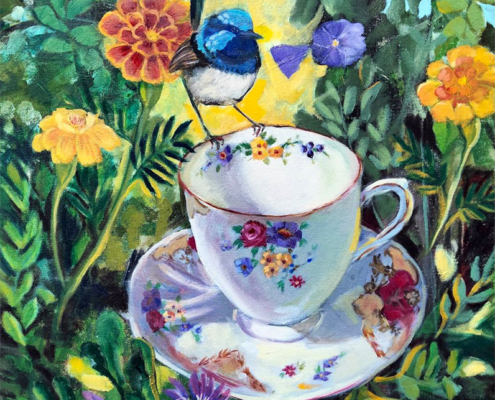 GardenTea - oil painting by Jenni Guilfloyle of a fine china floral teacup with a blue wren perched on it and flowers and foliage in the background.