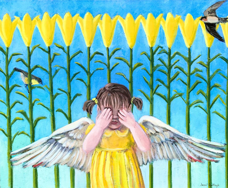 Not Ready To Fly - oil painting by Jenni Guilfloyle of young girl with angel wings, in a yellow dress, with yellow flowers and birds in the background.