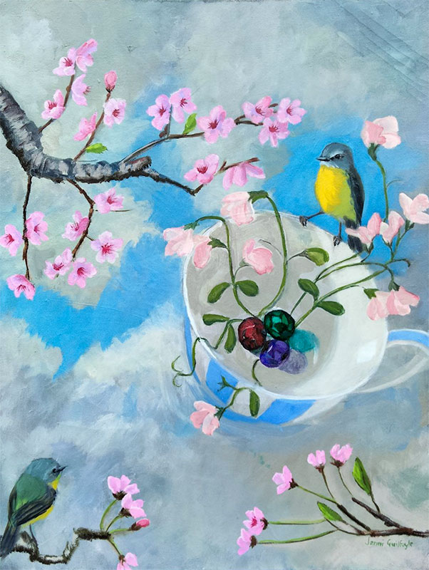 Spring - oil painting of yellow robins, pink tree blossom and a blue and white striped teacup, by Jenni Guilfloyle