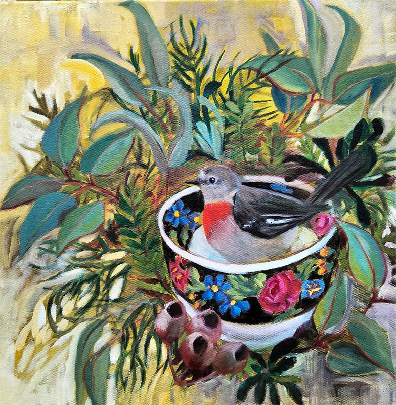 Nested - oil painting by Jenni Guilfloyle of a red robin in a floral teacup with foliage and gum nuts in the background.