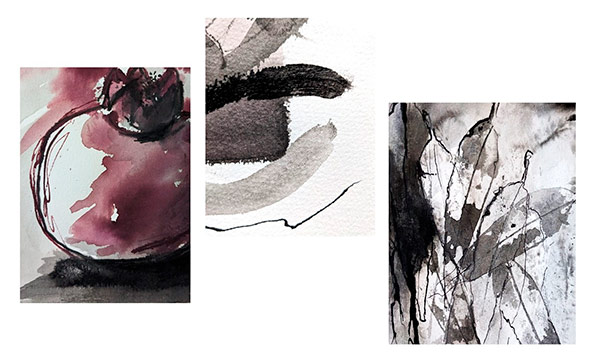 Collage of 3 loose ink drawings of leaves and persimmon by Jan Prislin-Planinc