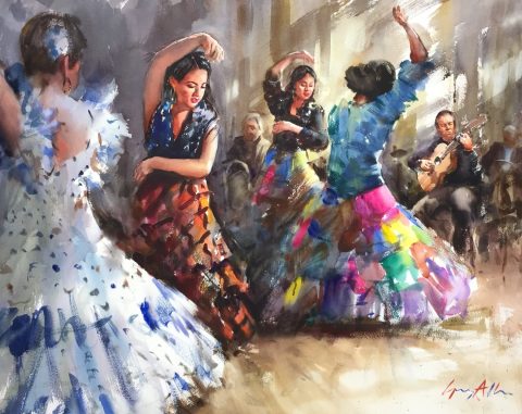 Watercolour painting by Greg Allen of Spanish dancers.