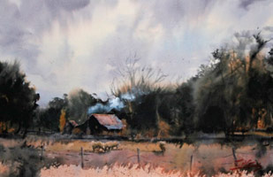 Landscape painting with farmhouse and cattle by Julie Goldspink