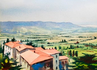 Watercolour painting of a Tuscan landscape with terracotta roof villas in the foreground, by Malcolm Beattie.