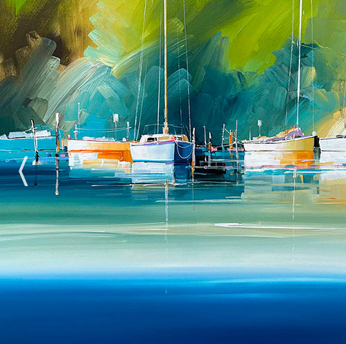 Acrylic painting of boats moored in water with vegetation behind. Titled Metung Masts by Craig Penny.