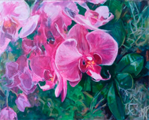 Painting of pink orchids by Nic Kirkman