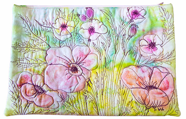 Fabric bag created with painted fabric - byTina Whiteley. Design features flowers machine embroidered in dark thread over a painted coloured background.
