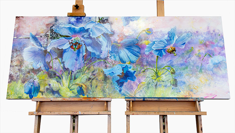 Large acrylic painting of blue flowers and foliage by Julie Goldspink