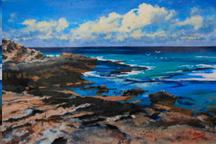 Seascape with foreground rocks, acrylic painting by Julie Goldspink