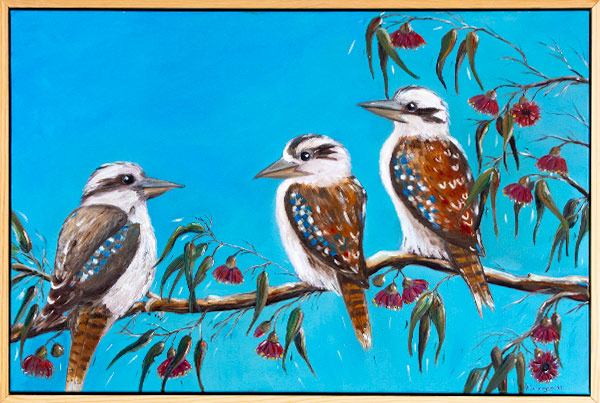 Oil painting of kookaburras perched on a flowering gum branch by Veronica Cunningham