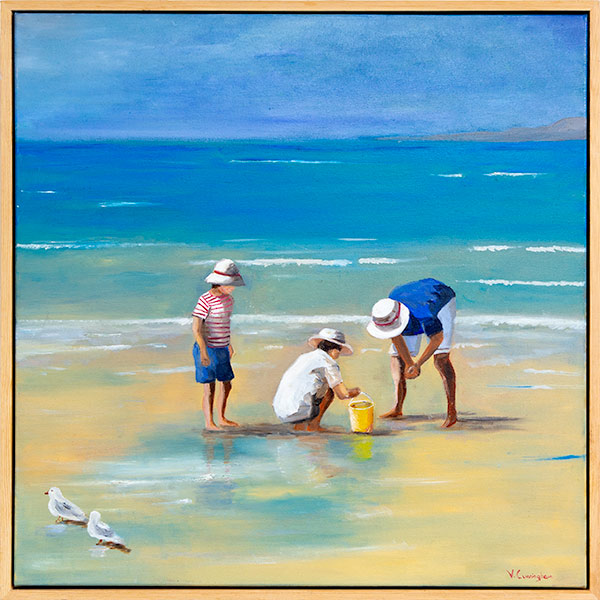 Oil painting of children playing on the sea shore by Veronica Cunningham