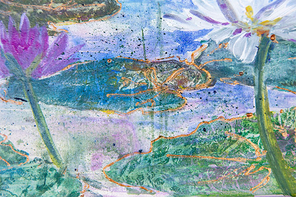 Detail showing metallic copper outlines around lily pads and spattered texture across foreground.
