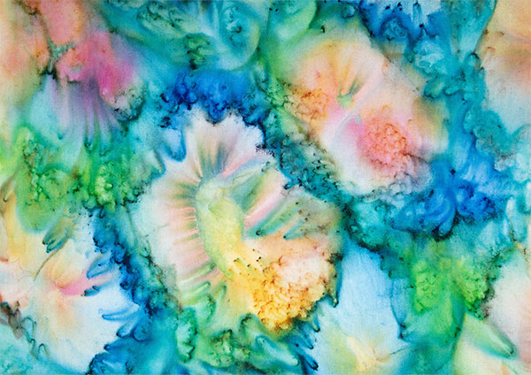 Salted sandwich technique - end result. Multi-coloured abstract floral-like pattern.