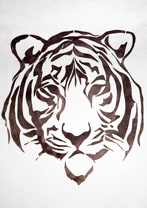 Stencil technique - end result - dark grey line illustration of a tiger's head