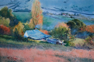 Watercolour of a house on a hillside nestled amongst trees in autumn colours, by Julie Goldspink
